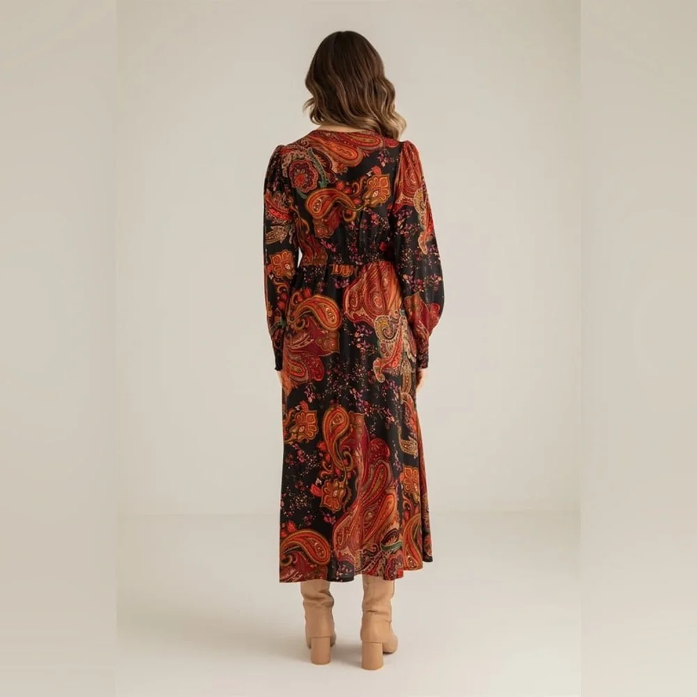 NWOT Zara paisley print smocked a neck button down dress Size XS - Picture 4 of 12